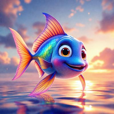 The primary subject of the image is a cartoon fish with a big smile, swimming in the ocean. The fish is the main focus of the image, and it appears to be a digital art or illustration. The setting is the ocean, with the fish swimming in the water. The visual style is colorful and cheerful, with the fish's big smile and the overall atmosphere being light-hearted and fun.